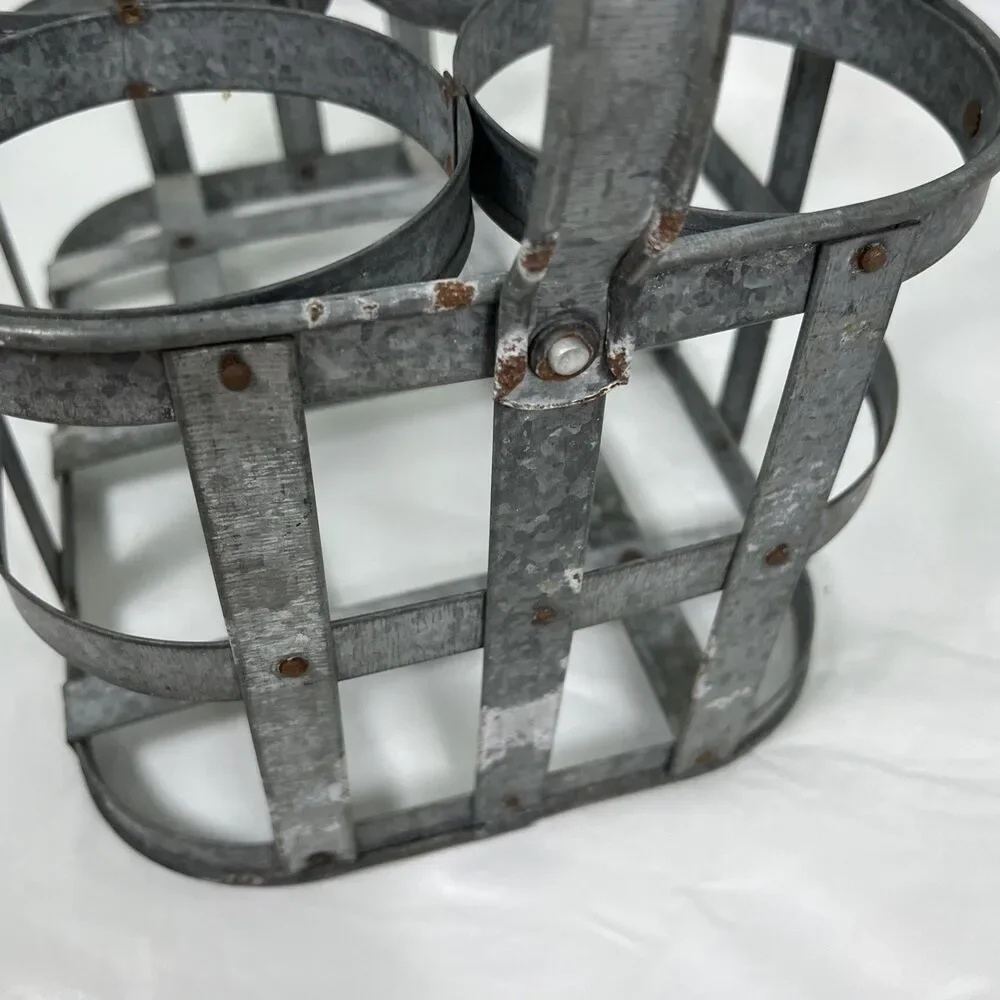 VTG Galvanized Metal 6 Bottle Caddy Carrier Wood Handle Patina Rustic Cottage